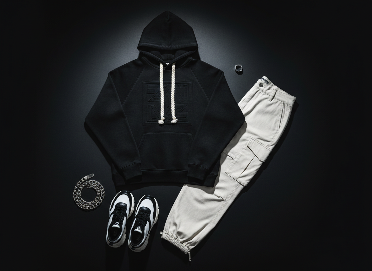 A tightly framed, photographic realism shot of a premium streetwear flat lay on a seamless matte black background. Centered is an oversized black hoodie with subtle embossed graphic details and thick drawstrings, paired with crisp off-white cargo pants and chunky monochrome sneakers with textured soles. Around them, metallic accessories like a chain bracelet and minimalist ring add shine. Cool, directional studio lighting from the top left creates sharp highlights on the fabrics and deep, dramatic shadows, enhancing folds and textures. Shot from a precise bird’s eye view with perfect symmetry, the composition feels bold, luxurious, and high-end, ideal for an online streetwear e-commerce home page hero image.