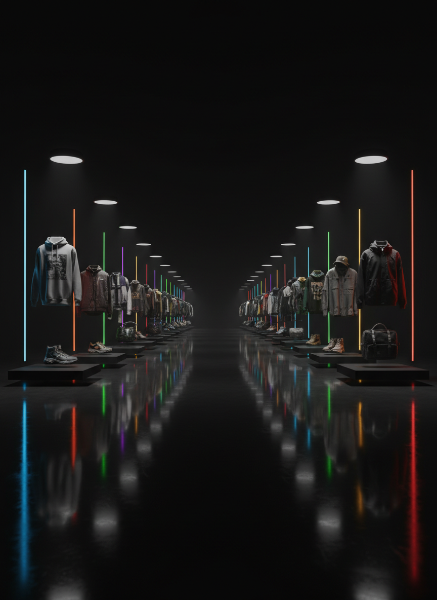 A wide, cinematic photographic banner image showing a long digital shelf of streetwear pieces receding into the distance, like an infinite online catalog with more than ten categories. Hoodies, jackets, tees, pants, and accessories are displayed on sleek, matte black stands that appear to float over a dark reflective floor. Each category section is subtly separated by glowing vertical light bars in different colors, hinting at navigation without using text. Overhead spotlighting forms pools of brightness on each cluster of products while the background fades to deep shadow, creating depth and mystery. Shot from a slightly elevated angle with strong perspective lines, the atmosphere feels futuristic, bold, and distinctly e-commerce driven.