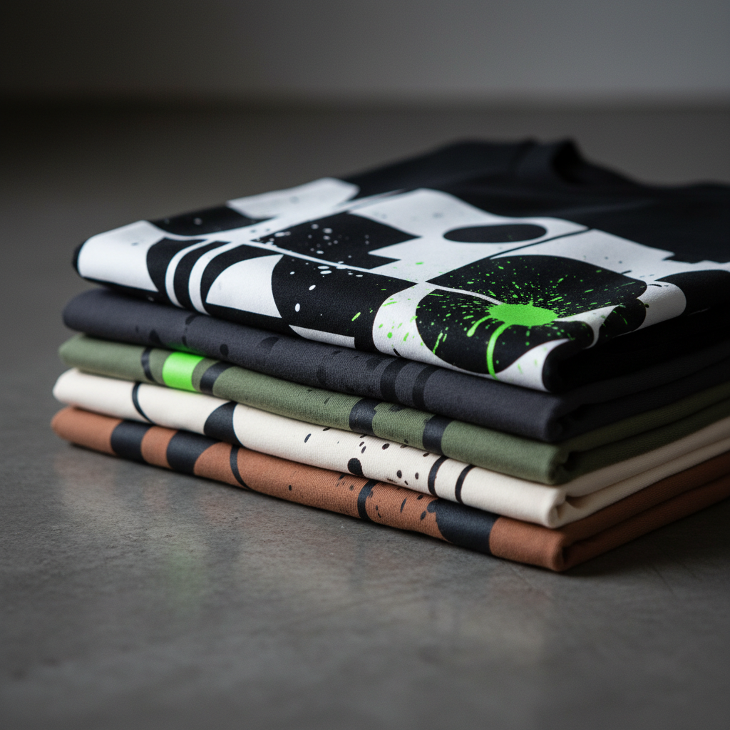 A refined, photographic close-up of a folded stack of premium streetwear T-shirts in monochrome and muted earth tones, suggesting limited-edition Argentine drops without showing any language. The top tee features a large abstract graphic made of layered geometric shapes and paint-like splashes in black, white, and neon green, hinting at Off-White-inspired design. The shirts rest on a smooth, dark concrete surface with subtle texture. Soft, diffused side lighting creates gentle gradients across the fabric, highlighting thickness and quality. Shot at a low, intimate angle with shallow depth of field, the foreground folds are razor-sharp while the background gently blurs, conveying a sense of exclusivity and calm power within a bold streetwear brand.