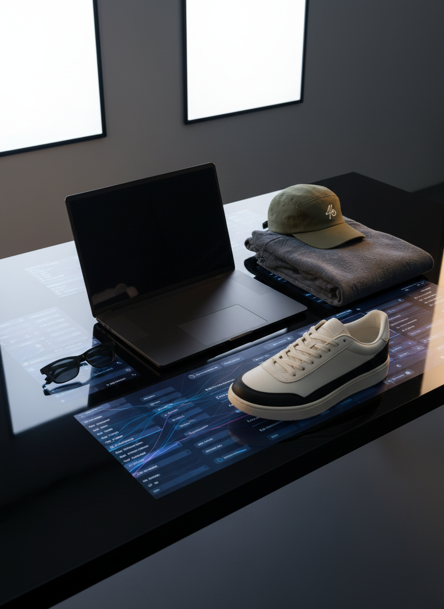 A sleek, photographic realism desktop mockup scene for an online streetwear store, without visible screens or text. A slim, matte black laptop sits closed on a glossy black desk. Around it, carefully placed streetwear elements—folded hoodie, structured cap, angular sunglasses, and a minimalist sneaker—create the impression of digital curation. Subtle holographic reflections on the desk surface imply floating interface panels and dropdown menus. Cool white studio lighting from above and warm accent light from the right side create a balanced, tech-meets-street mood. Shot from a slightly elevated three-quarter angle with sharp focus throughout, the image feels like the control hub of a bold, online-only Argentine streetwear shop.
