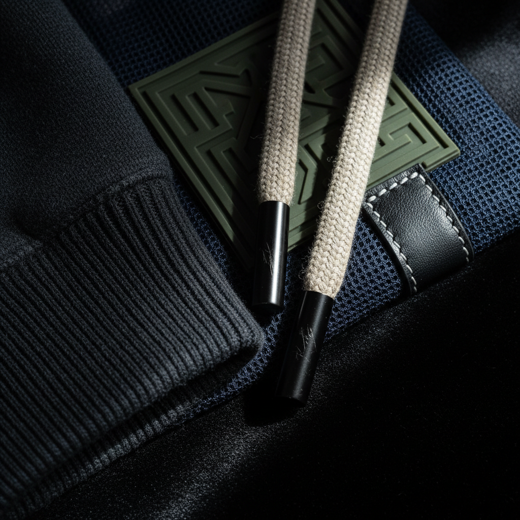 An intense, photographic realism close-up of streetwear fabric details arranged in a tight composition, emphasizing luxury textures found in brands like Balenciaga, Off-White, and Gol without showing logos. A ribbed hoodie cuff, a thick drawstring with matte metal aglets, a rubberized patch, technical mesh panel, and stitched leather tab intersect across the frame. The surfaces rest on a dark, velvety background that absorbs light. A narrow, focused beam of cool studio light sweeps diagonally across the scene, creating sharp highlights on metal and subtle sheen on fabrics, while the rest falls into rich shadow. Shot with macro-level detail and extremely shallow depth of field, the mood is bold, tactile, and obsessively premium.