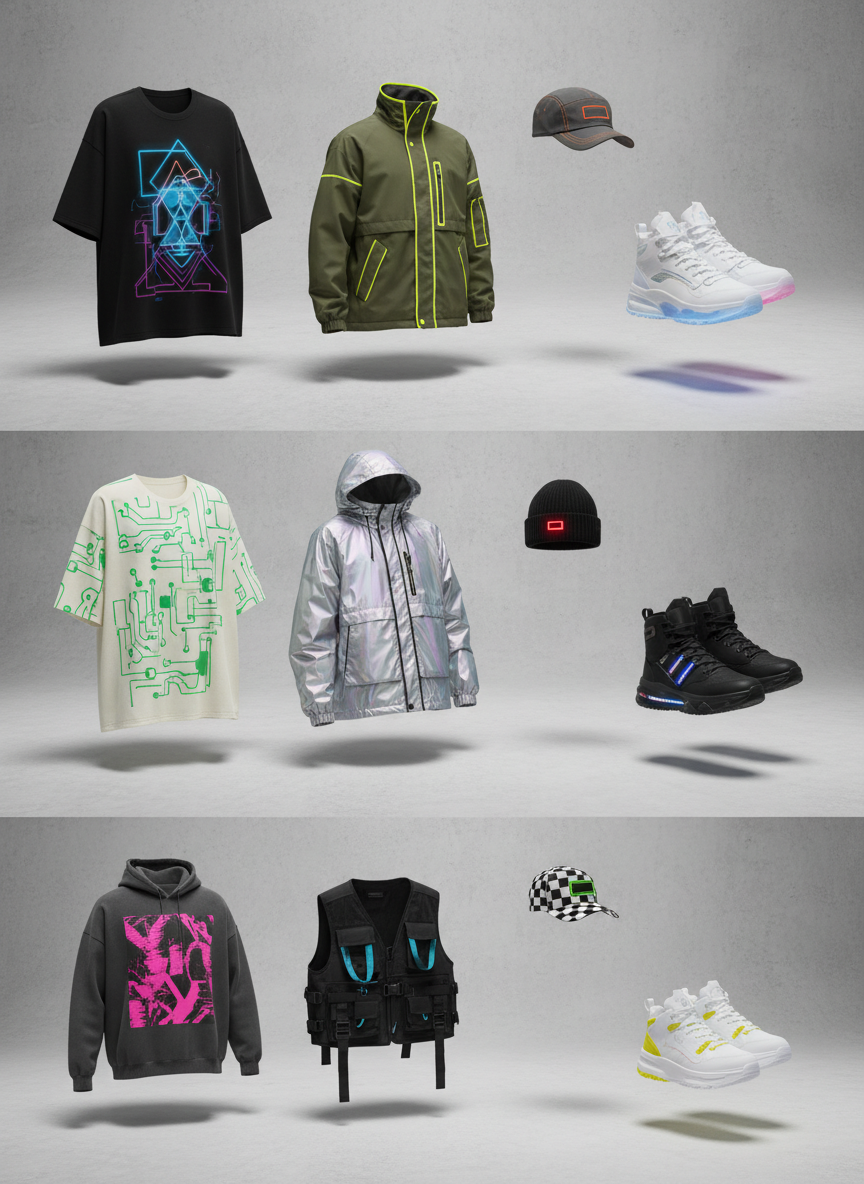 An ultra-clean, photographic product grid of exclusive streetwear pieces floating against a light concrete-gray background, representing an organized online shop with many categories. Each item—oversized graphic tees, technical nylon jackets, structured caps, and futuristic sneakers—appears suspended, with soft shadows beneath to imply depth. Subtle neon accents in the garments hint at high-end brands without showing logos or text. Soft, diffused studio lighting evenly illuminates every piece, emphasizing fabric textures like heavyweight cotton and ripstop nylon. Shot at eye level with sharp focus throughout, the composition is minimalist and modern, evoking a slick digital interface for a bold Argentine streetwear e-commerce store.